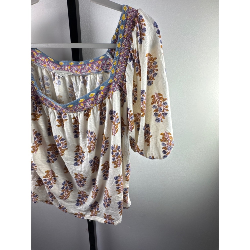 Lucky Brand Floral Peasant Top Womens Large Cream Purple Boho Puff Sleeve - Picture 3 of 8